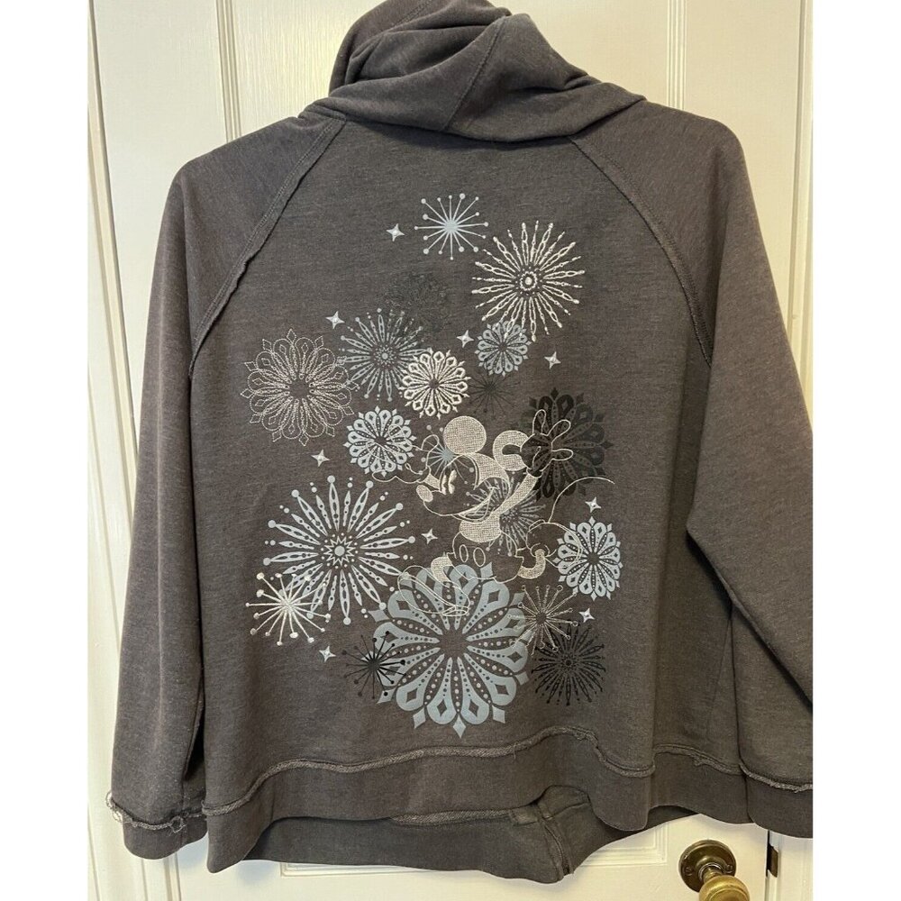 Disney Parks Womens 2X Hoodie Metallic Silver Fireworks Sweatshirt Zip Raw Edges